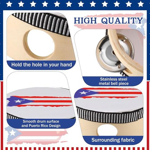 10 Pcs Mini Puerto Rico Tambourines Instruments 4 Inch Pandereta Panderos Pleneras for Puerto Rican Birthday Party Favors Tambourine Drums with Puertorico Flag for Party Decoration with Ribbon in Saudi Arabia