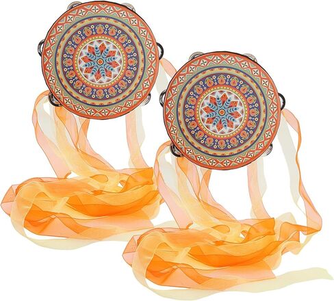 Wooden 2Pcs Tambourine with Colorful Ribbons, 8 inch Hand Held Drum Bells, National Style Handbell Drums for Church Party, Single Row Jingles Percussion Musical Educational Drum Instrument (Yellow) in Saudi Arabia