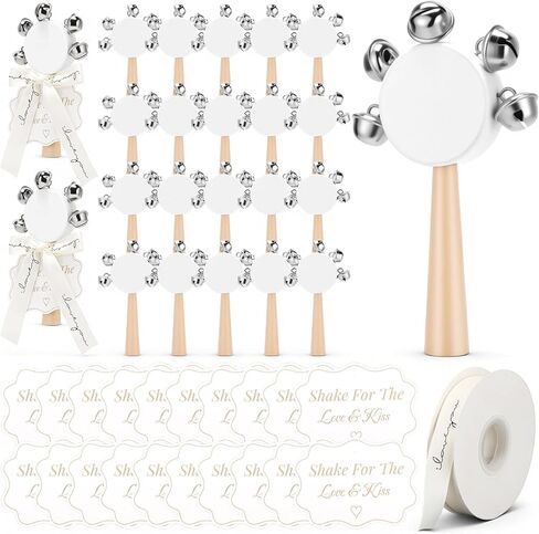 20 Set Hand Held Tambourine Bulk Wedding Party Supplies Wooden Drum with Metal Jingles Tags White Tambourine and Ribbon for Wedding Church Party in Saudi Arabia