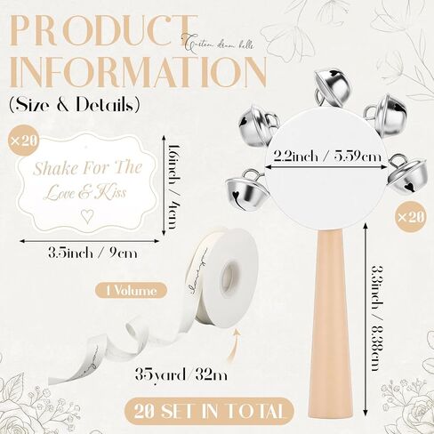 20 Set Hand Held Tambourine Bulk Wedding Party Supplies Wooden Drum with Metal Jingles Tags White Tambourine and Ribbon for Wedding Church Party in Saudi Arabia