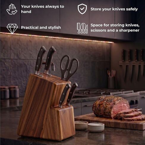 Kitchen knife holder elegant & sturdy (15 slots). Universal knife block with slots for knives, scissor and sharpenner. Knife Block without Knives. Kitchen knife holders for counter top. (Pine) in Saudi Arabia