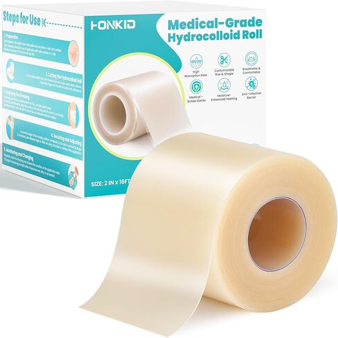 HONKID Hydrocolloid Roll for Wound Care, 2in x 5ft Extra Large Hydrocolloid Bandages, Self-Adhesive, Cut-to-Size, Ultra Absorbent, Flexible & Waterproof, Sterile Foil Pouch, First Aid Kit Essential in Saudi Arabia