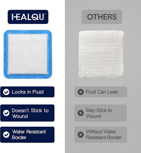 ضمادة لاصقة فائقة الامتصاص من HEALQU مقاس 4 × 4 (10 عبوات) - وسادة تزيين جزيرة معقمة ذاتية اللصق مع قلب SAP عالي السعة - شاش ذو حدود مسامية للإفرازات العالية والجروح الجراحية والقرح in Saudi Arabia