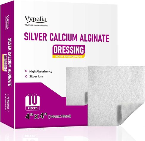 Ag Silver Calcium Alginate Wound Dressing Pads 4" x 4" (Pack of 10), Soft Highly Absorbent Silver Wound Dressing, Non-Adhesive Dressing for Wound Care, Painless Removal Gauze Pads for Wounds in Saudi Arabia