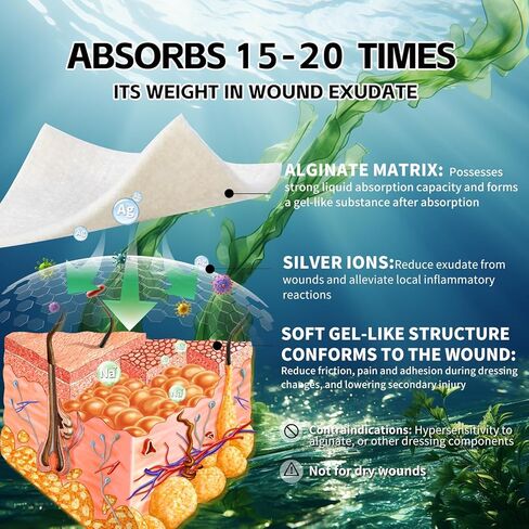 Ag Silver Calcium Alginate Wound Dressing Pads 4" x 4" (Pack of 10), Soft Highly Absorbent Silver Wound Dressing, Non-Adhesive Dressing for Wound Care, Painless Removal Gauze Pads for Wounds in Saudi Arabia