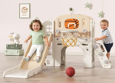 BIERUM 9 in 1 Toddler Slide Set - Baby Slide for Toddlers 1-3 with Ring Toss and Basketball Hoop, Indoor Outdoor Toddler Playset Playground Blue Yellow in Saudi Arabia