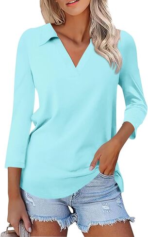 Womens Tops Casual 3/4 Sleeve Shirts V Neck Polo Cute Tops Loose Collared Blouse Three Quarter Sleeve Soft Basic Tees in Saudi Arabia