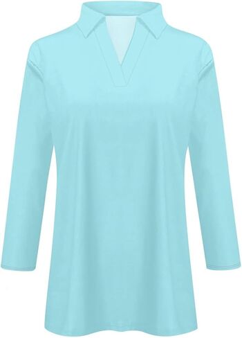 Womens Tops Casual 3/4 Sleeve Shirts V Neck Polo Cute Tops Loose Collared Blouse Three Quarter Sleeve Soft Basic Tees in Saudi Arabia