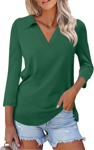 Womens Tops Casual 3/4 Sleeve Shirts V Neck Polo Cute Tops Loose Collared Blouse Three Quarter Sleeve Soft Basic Tees in Saudi Arabia
