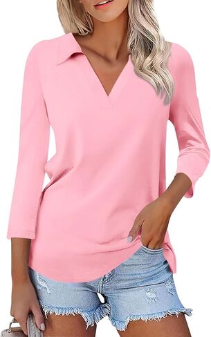 Womens Tops Casual 3/4 Sleeve Shirts V Neck Polo Cute Tops Loose Collared Blouse Three Quarter Sleeve Soft Basic Tees in Saudi Arabia