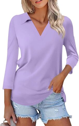 Womens Tops Casual 3/4 Sleeve Shirts V Neck Polo Cute Tops Loose Collared Blouse Three Quarter Sleeve Soft Basic Tees in Saudi Arabia