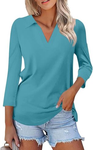 Womens Tops Casual 3/4 Sleeve Shirts V Neck Polo Cute Tops Loose Collared Blouse Three Quarter Sleeve Soft Basic Tees in Saudi Arabia