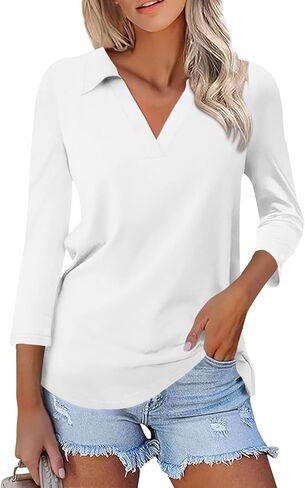 Womens Tops Casual 3/4 Sleeve Shirts V Neck Polo Cute Tops Loose Collared Blouse Three Quarter Sleeve Soft Basic Tees in Saudi Arabia
