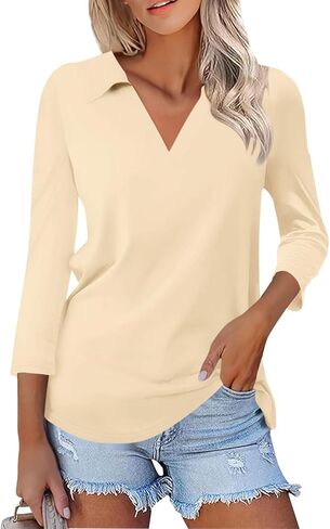 Womens Tops Casual 3/4 Sleeve Shirts V Neck Polo Cute Tops Loose Collared Blouse Three Quarter Sleeve Soft Basic Tees in Saudi Arabia
