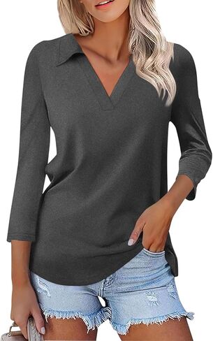 Womens Tops Casual 3/4 Sleeve Shirts V Neck Polo Cute Tops Loose Collared Blouse Three Quarter Sleeve Soft Basic Tees in Saudi Arabia