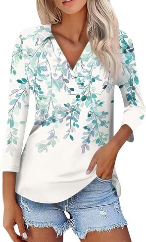 Womens Tops Casual 3/4 Sleeve Shirts V Neck Polo Cute Tops Loose Collared Blouse Three Quarter Sleeve Soft Basic Tees in Saudi Arabia