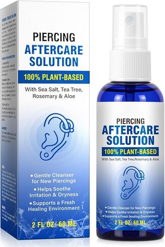 Piercing Aftercare Spray - Saline Solution for Ear, Nose, Belly Button, Cartilage Piercings - Ear Piercing Cleaner Spray with Sea Salt, Aloe Vera & Rosemary, Gentle and Non-Irritating, 2 Fl Oz in Saudi Arabia