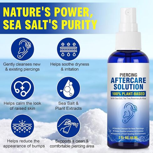 Piercing Aftercare Spray - Saline Solution for Ear, Nose, Belly Button, Cartilage Piercings - Ear Piercing Cleaner Spray with Sea Salt, Aloe Vera & Rosemary, Gentle and Non-Irritating, 2 Fl Oz in Saudi Arabia
