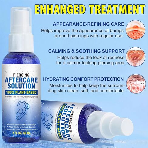 Piercing Aftercare Spray - Saline Solution for Ear, Nose, Belly Button, Cartilage Piercings - Ear Piercing Cleaner Spray with Sea Salt, Aloe Vera & Rosemary, Gentle and Non-Irritating, 2 Fl Oz in Saudi Arabia