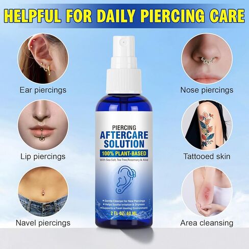 Piercing Aftercare Spray - Saline Solution for Ear, Nose, Belly Button, Cartilage Piercings - Ear Piercing Cleaner Spray with Sea Salt, Aloe Vera & Rosemary, Gentle and Non-Irritating, 2 Fl Oz in Saudi Arabia