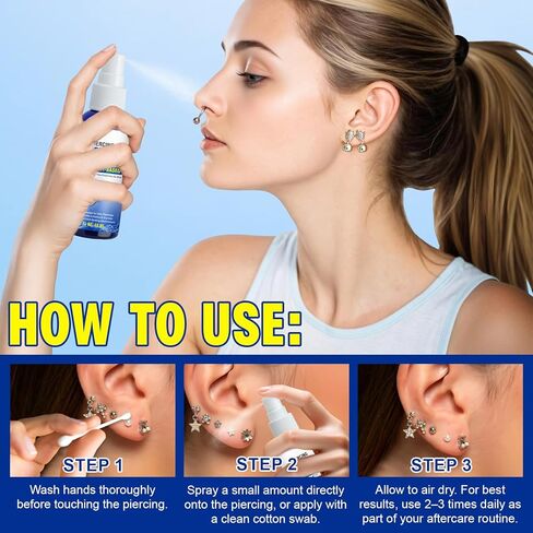 Piercing Aftercare Spray - Saline Solution for Ear, Nose, Belly Button, Cartilage Piercings - Ear Piercing Cleaner Spray with Sea Salt, Aloe Vera & Rosemary, Gentle and Non-Irritating, 2 Fl Oz in Saudi Arabia