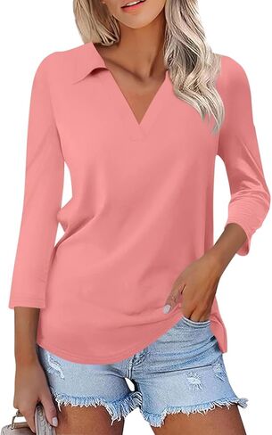 Womens Tops Casual 3/4 Sleeve Shirts V Neck Polo Cute Tops Loose Collared Blouse Three Quarter Sleeve Soft Basic Tees in Saudi Arabia