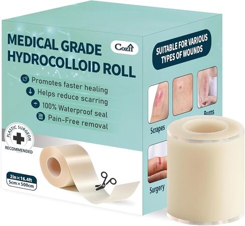 Hydrocolloid Roll for Wound Care, 2in x 12ft Hydrocolloid Patch Large Bandages with Self-Adhesive, Flexible, DIY Size, Waterproof, Ultra Absorbent for Burn, Blister, Acne Care, First Aid Kit Essential in Saudi Arabia
