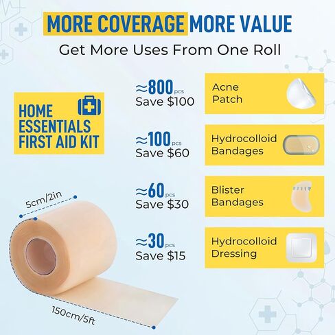 لفة غرواني مائي من الدرجة الطبية للعناية بالجروح | ضمادة مقطوعة حسب الحجم للحروق والبثور | بقع بثرة لحب الشباب | ضمادة ذاتية اللصق مقاومة للماء فائقة الامتصاص (2 بوصة × 5 قدم) in Kuwait