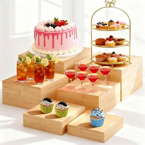 6 Pcs Bamboo Buffet Risers, 10" 9" 8" 7.5" 6.7" 6", Large Food Risers for Buffet Table, Cake Cupcake Display Stand Cube Box for Wedding Party Catering Dessert Jewelry Collectibles Home Decor in Saudi Arabia