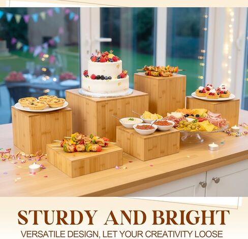 6 Pcs Bamboo Buffet Risers, 10" 9" 8" 7.5" 6.7" 6", Large Food Risers for Buffet Table, Cake Cupcake Display Stand Cube Box for Wedding Party Catering Dessert Jewelry Collectibles Home Decor in Saudi Arabia