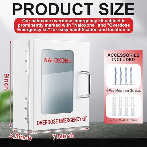 Zonon 1 Pcs Naloxone Overdose Emergency Kit Cabinet with Handle 7.5" L x 3.5" W x 9" H Magnetic Closing First Aid Cabinet Wall Mount Metal Medical Box for Public Space Storage Solution, White in Saudi Arabia