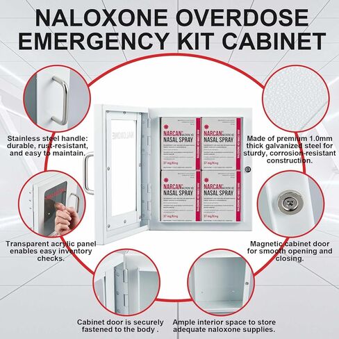 Zonon 1 Pcs Naloxone Overdose Emergency Kit Cabinet with Handle 7.5" L x 3.5" W x 9" H Magnetic Closing First Aid Cabinet Wall Mount Metal Medical Box for Public Space Storage Solution, White in Saudi Arabia