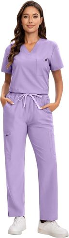 Scrub for Women - 4-Way Stretch V-neck Top & Stretch Straight-Leg Medical Uniforms with Functional Pockets in Kuwait