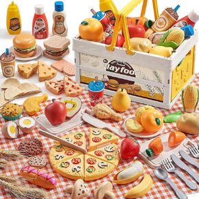 Play Food Sets for Kids Kitchen, Wheat Straw Pretend Food Toys with Kids Picnic Basket and Picnic Blanket, Cutting Toy Food, Fake Food with Pizza Toy, Play Kitchen Accessories, STEM Gift for Boy Girl in Saudi Arabia