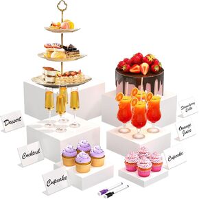 6PCS Buffet Risers with Mini Sign and Marker, Food Risers for Buffet Table, Catering Dessert Cake Stand for Party, Display Riser for Collectibles, Dessert Table Display Set, Acrylic Boxes Nesting Risers, White (5"x6"x7"8"x9"x10") in Saudi Arabia