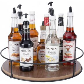 Rotating Coffee Syrup Organizer, 6 Bottle Wood Syrup Rack, Metal Syrups Holder for Countertop, Turntable Wine Display Tray, Coffee Station Bar Accessories & Essentials in Saudi Arabia