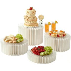 iobiotio Foldable Cake Stand Set, Reusable Buffet Risers, 4 Pack Round Dessert Stands with Acrylic Tops, Cardborad Display Stands for Weddings, Birthdays, Baby Showers, Parties, Home Decor, White in Saudi Arabia