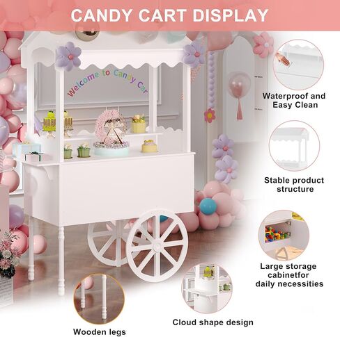 Candy Cart Display Stand for Parties, Cake Stand with Bottom Storage Cabinet & DIY Color Letter Stickers - Vintage Dessert Decoration Cart for Weddings, Birthdays, Baby Shower, Street Food & Events in Saudi Arabia