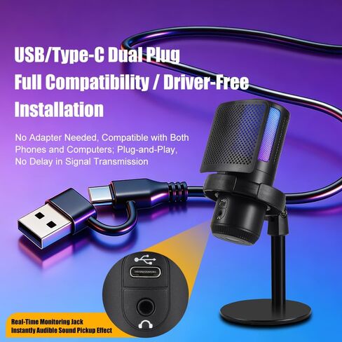 ميكروفون ألعاب للكمبيوتر الشخصي، ميكروفون USB لمقاطع الفيديو والبث - ميكروفون مكثف مع كتم الصوت السريع وفلتر البوب ​​- هدية ميكروفون RGB للأولاد اللاعبين - متوافق مع PS4/5 والكمبيوتر والكمبيوتر المحمول in Kuwait