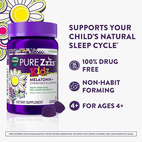 VICKS PURE Zzzs Kidz، علكات الميلاتونين المساعدة على النوم للأطفال والأطفال، تساعد طفلك على النوم بشكل طبيعي، جرعة منخفضة من الميلاتونين، 48 علكة in Kuwait