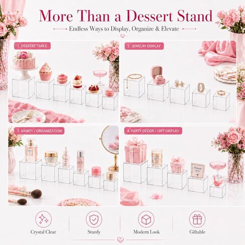 6 Pcs Clear Acrylic Buffet Risers and Stands, Acrylic Food Risers for Buffet Table Display Stand, Party Collectibles Dessert Jewelry Catering with Mini Table Sign (8" 7" 6" 5" 4" 4") in Kuwait