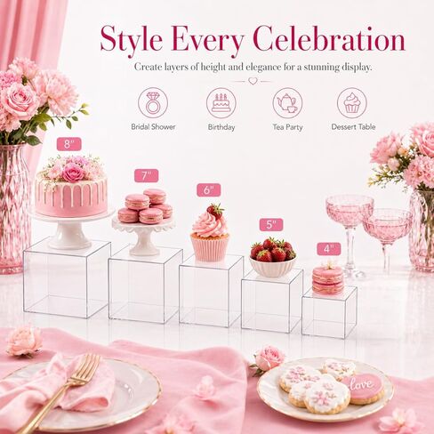 6 Pcs Clear Acrylic Buffet Risers and Stands, Acrylic Food Risers for Buffet Table Display Stand, Party Collectibles Dessert Jewelry Catering with Mini Table Sign (8" 7" 6" 5" 4" 4") in Kuwait