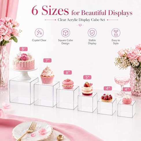 6 Pcs Clear Acrylic Buffet Risers and Stands, Acrylic Food Risers for Buffet Table Display Stand, Party Collectibles Dessert Jewelry Catering with Mini Table Sign (8" 7" 6" 5" 4" 4") in Kuwait