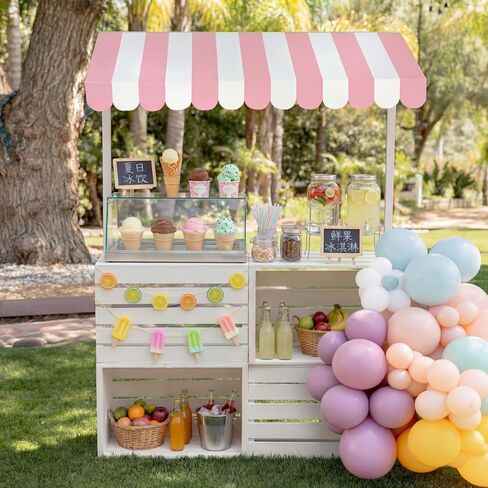 Novabright Ice Cream Party Display Stand 55x31 Inch with Pink White Striped Awning Wooden Vendor Cart Summer Party Decoration for Birthday Baby Shower Carnival Supplies in Saudi Arabia