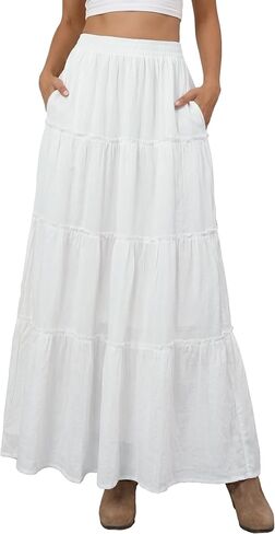 Women's White Boho Maxi Skirt Elastic High Waist Ruffle Tiered Long Skirts Summer Beach 2026 Spring A Line Dress in Saudi Arabia