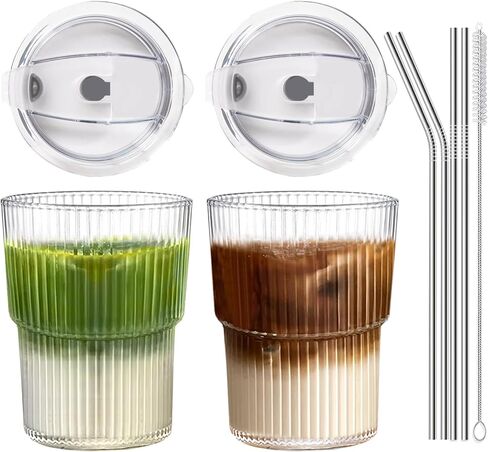 16 OZ Iced Coffee Cups with Lids and Straws Set of 4, Unbreakable Plastic Drinking Glasses Reusable Iced Coffee Glass to Go Cup for Iced Tea,Juice, Water,BPA Free, Dishwasher Safe in Saudi Arabia
