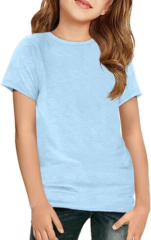 ZDC Girls Short Sleeve T Shirts Kids Crewneck Summer Tops Basic Tees 5-14 Years in Saudi Arabia