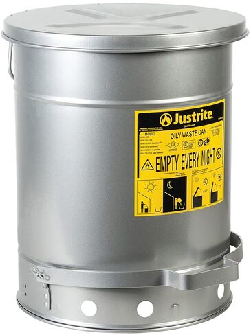 Justrite 10 Gallon Galvanized Steel Oily Waste Can, 18" x 14" Metal Oil Rag Safety Can with Quiet Foot Operated Self-Closing Lid for Oil Rag Disposal, Made in The USA, Silver, 09304 in Saudi Arabia