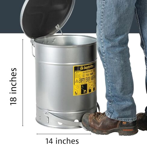 Justrite 10 Gallon Galvanized Steel Oily Waste Can, 18" x 14" Metal Oil Rag Safety Can with Quiet Foot Operated Self-Closing Lid for Oil Rag Disposal, Made in The USA, Silver, 09304 in Saudi Arabia