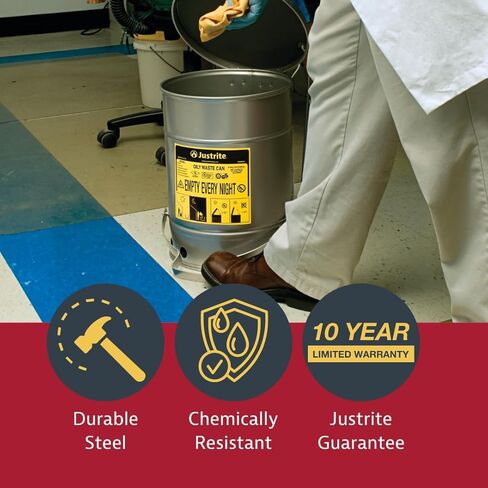 Justrite 10 Gallon Galvanized Steel Oily Waste Can, 18" x 14" Metal Oil Rag Safety Can with Quiet Foot Operated Self-Closing Lid for Oil Rag Disposal, Made in The USA, Silver, 09304 in Saudi Arabia